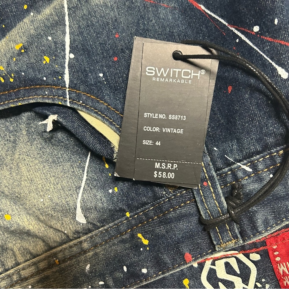 Switch Remarkable Shorts Mens 44 Blue Jean Denim Distressed trashed painted NEW - Picture 4 of 10
